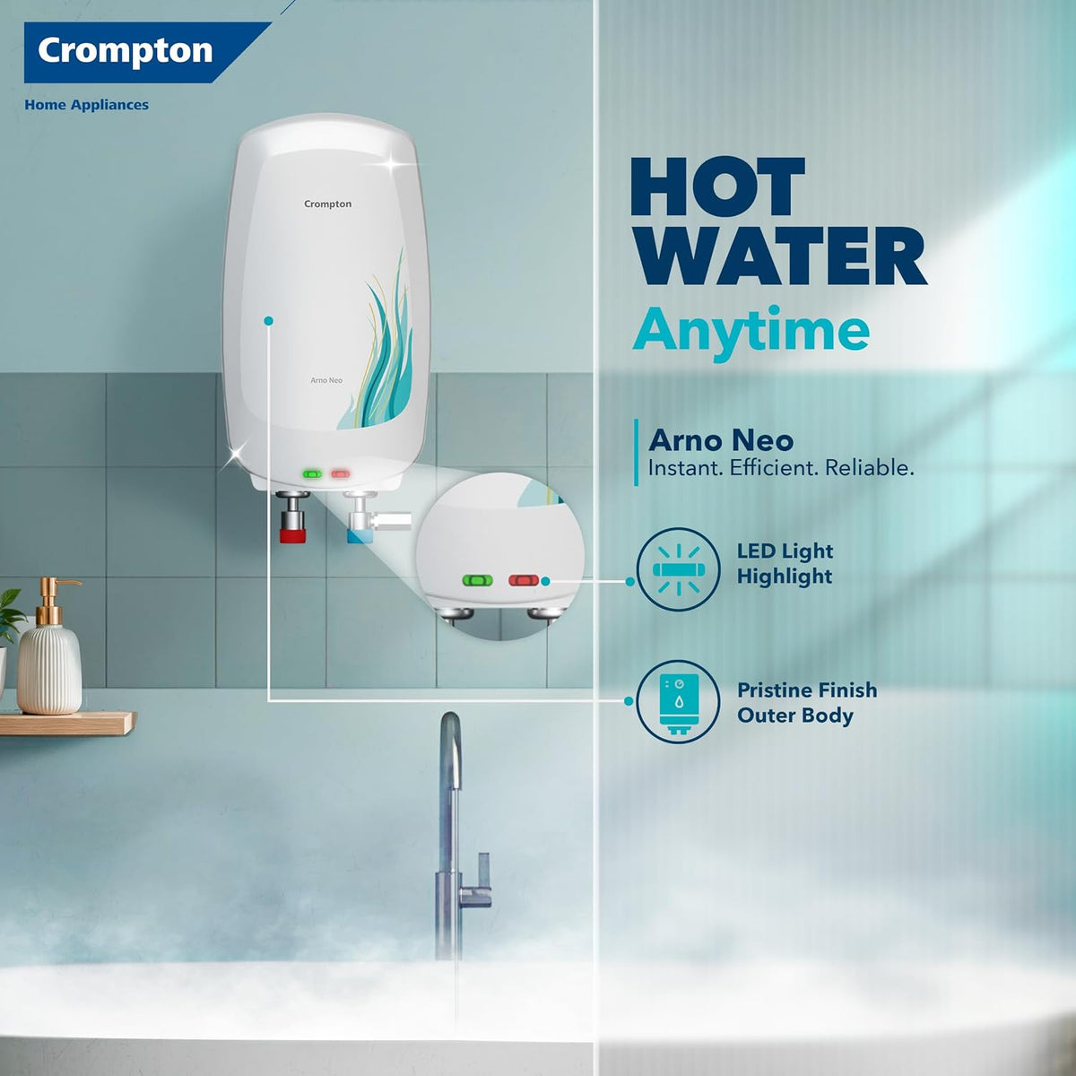 Crompton Arno Neo 5 Litre Instant Water Heater | 3 kW Heating Element | Food Grade SS Tank | 6 Bar Pressure Rated | Advanced 3-Level Safety | 5 Years Tank Warranty