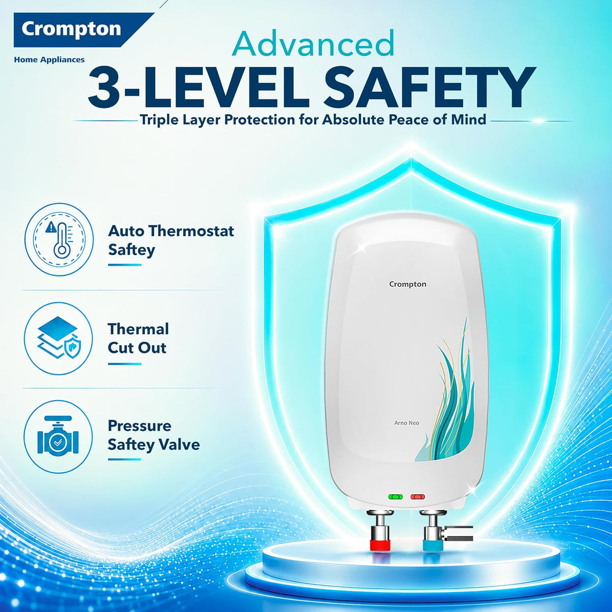 Crompton Arno Neo 5 Litre Instant Water Heater | 3 kW Heating Element | Food Grade SS Tank | 6 Bar Pressure Rated | Advanced 3-Level Safety | 5 Years Tank Warranty