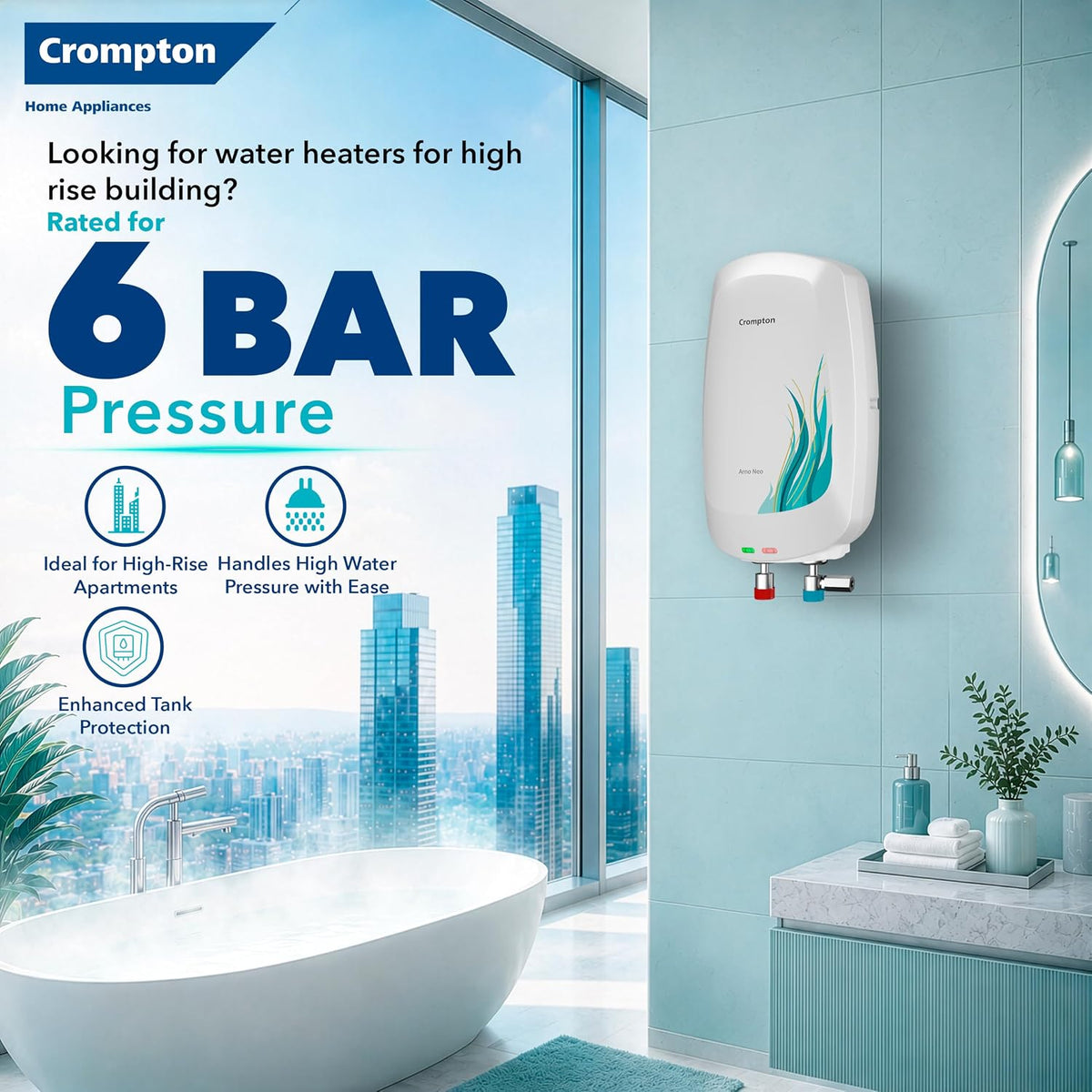 Crompton Arno Neo 5 Litre Instant Water Heater | 3 kW Heating Element | Food Grade SS Tank | 6 Bar Pressure Rated | Advanced 3-Level Safety | 5 Years Tank Warranty