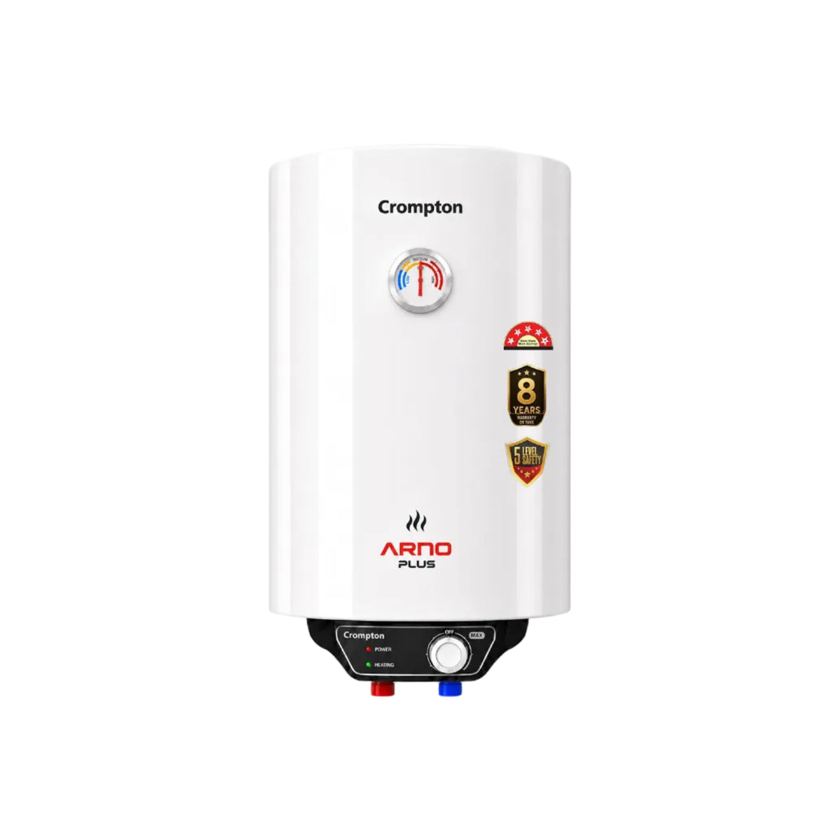 Crompton Arno Plus 10L 5‑Star Storage Water Heater | Anti‑Scale Technology for Hard Water up to 2000 ppm | 8 Bar High‑Rise Pressure | 5‑Level Safety | Free Installation & Pipes | 8 Year Tank warranty