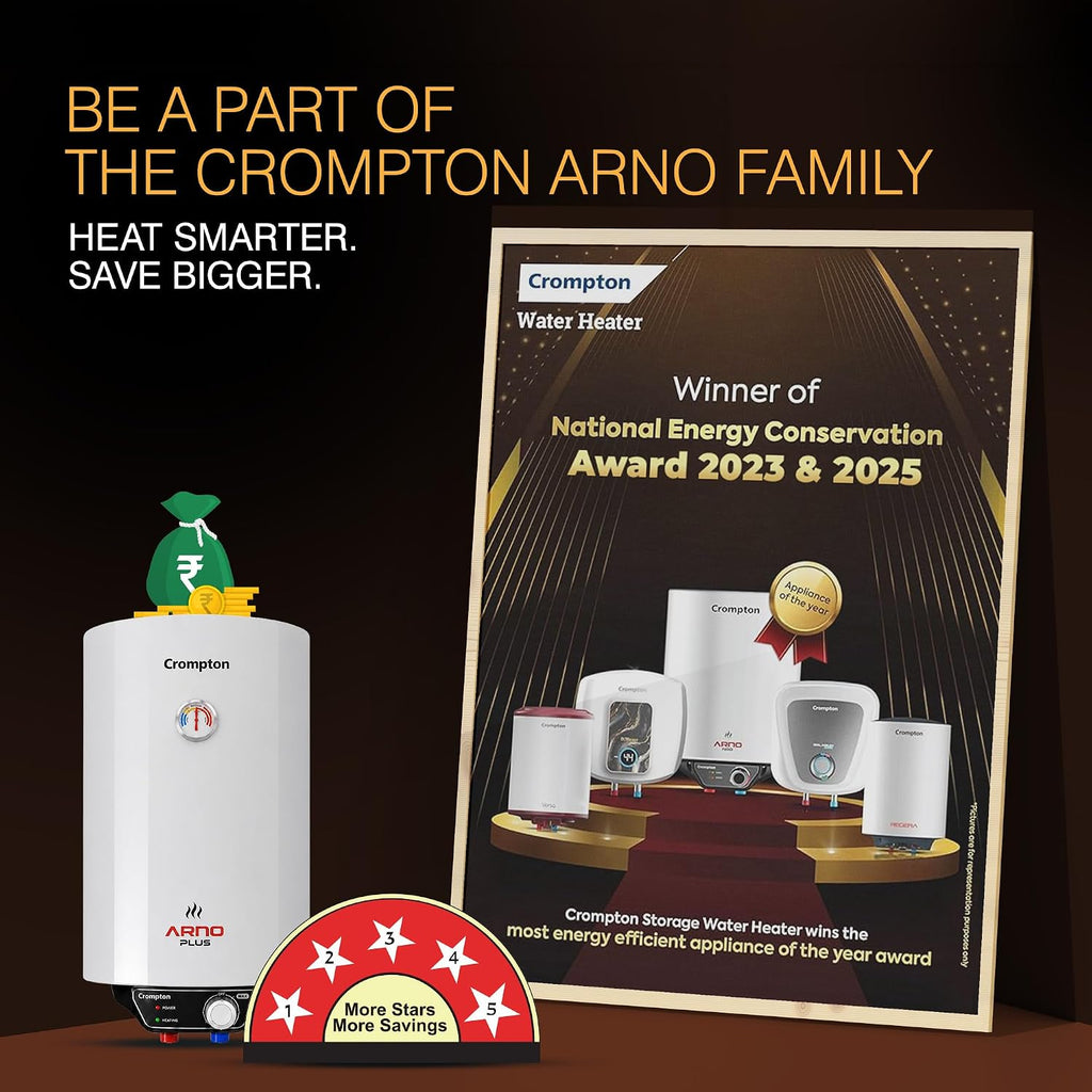 Crompton Arno Plus 10L 5‑Star Storage Water Heater | Anti‑Scale Technology for Hard Water up to 2000 ppm | 8 Bar High‑Rise Pressure | 5‑Level Safety | Free Installation & Pipes | 8 Year Tank warranty