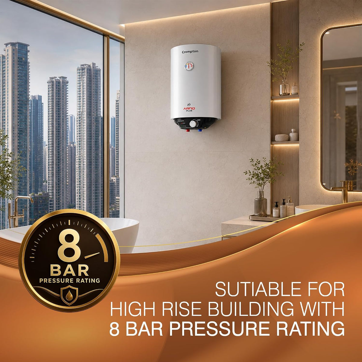 Crompton Arno Plus 10L 5‑Star Storage Water Heater | Anti‑Scale Technology for Hard Water up to 2000 ppm | 8 Bar High‑Rise Pressure | 5‑Level Safety | Free Installation & Pipes | 8 Year Tank warranty