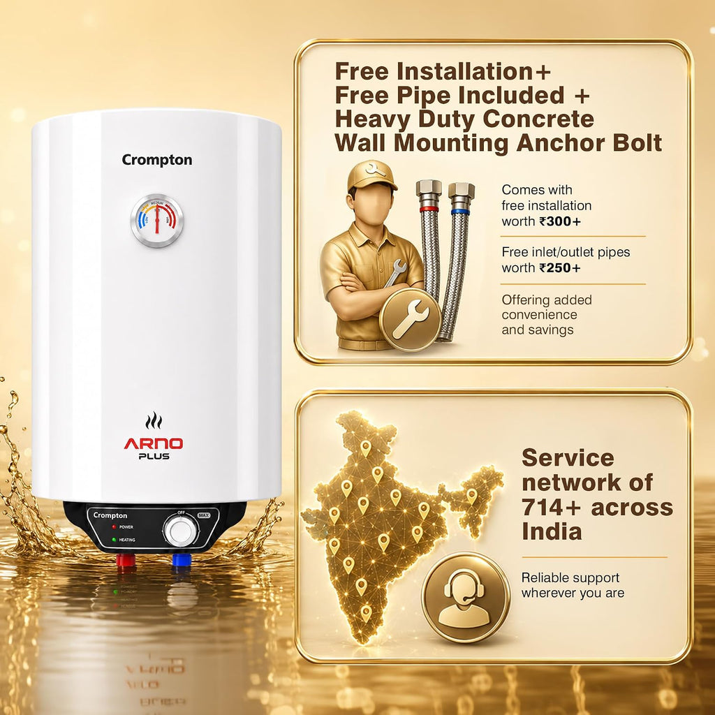 Crompton Arno Plus 10L 5‑Star Storage Water Heater | Anti‑Scale Technology for Hard Water up to 2000 ppm | 8 Bar High‑Rise Pressure | 5‑Level Safety | Free Installation & Pipes | 8 Year Tank warranty