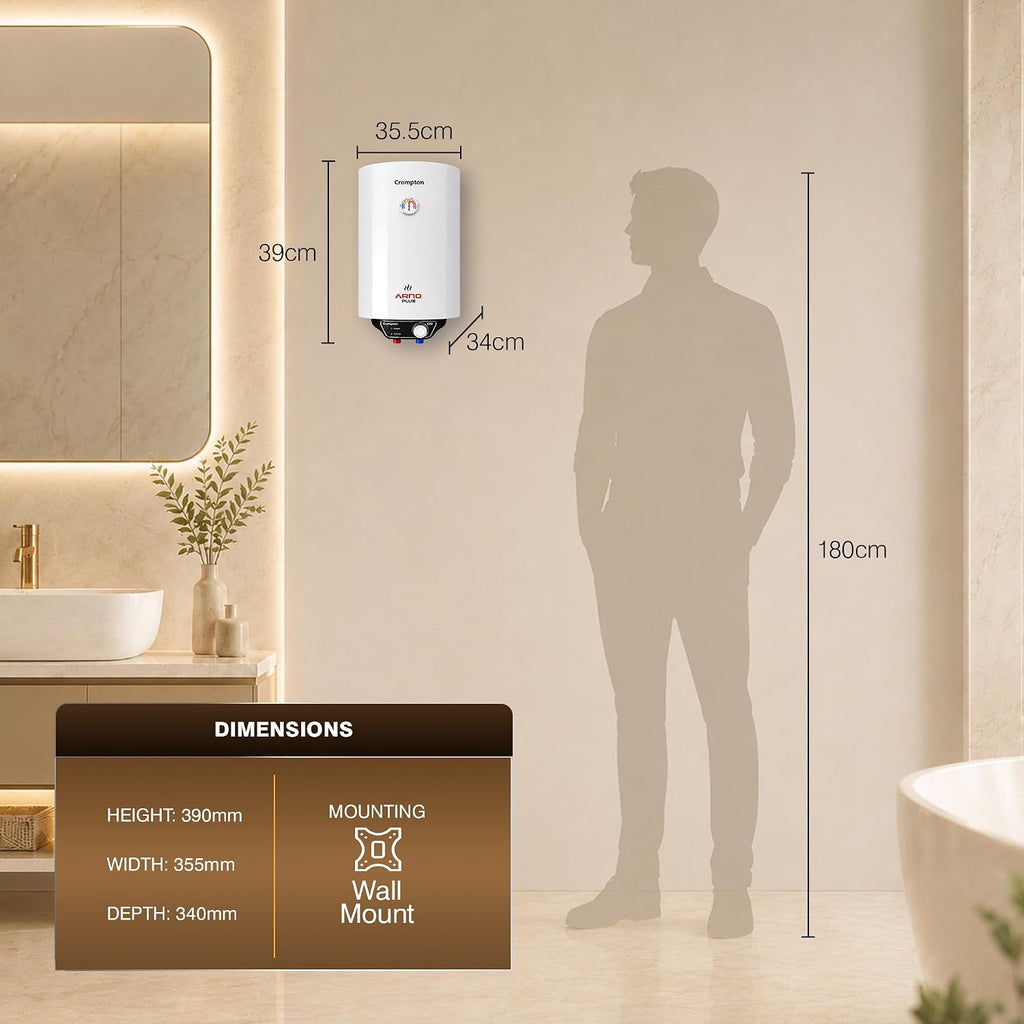 Crompton Arno Plus 10L 5‑Star Storage Water Heater | Anti‑Scale Technology for Hard Water up to 2000 ppm | 8 Bar High‑Rise Pressure | 5‑Level Safety | Free Installation & Pipes | 8 Year Tank warranty