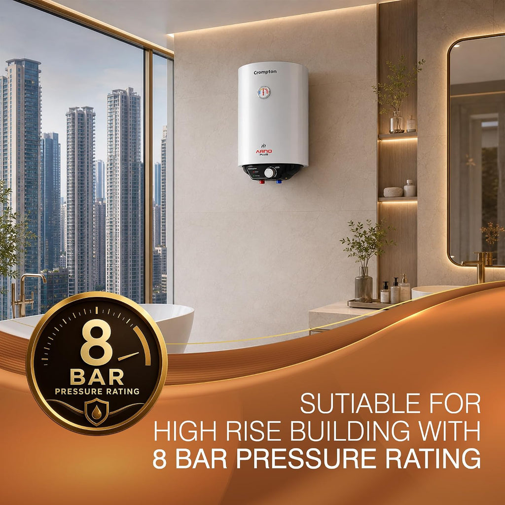 Crompton Arno Plus 15L 5‑Star Storage Water Heater | Anti‑Scale Technology for Hard Water up to 2000 ppm | 8 Bar High‑Rise Pressure | 5‑Level Safety | Free Installation & Pipes | 8 Year Tank warranty