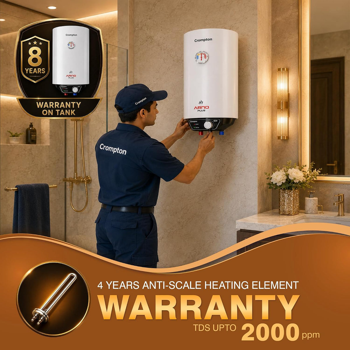 Crompton Arno Plus 15L 5‑Star Storage Water Heater | Anti‑Scale Technology for Hard Water up to 2000 ppm | 8 Bar High‑Rise Pressure | 5‑Level Safety | Free Installation & Pipes | 8 Year Tank warranty