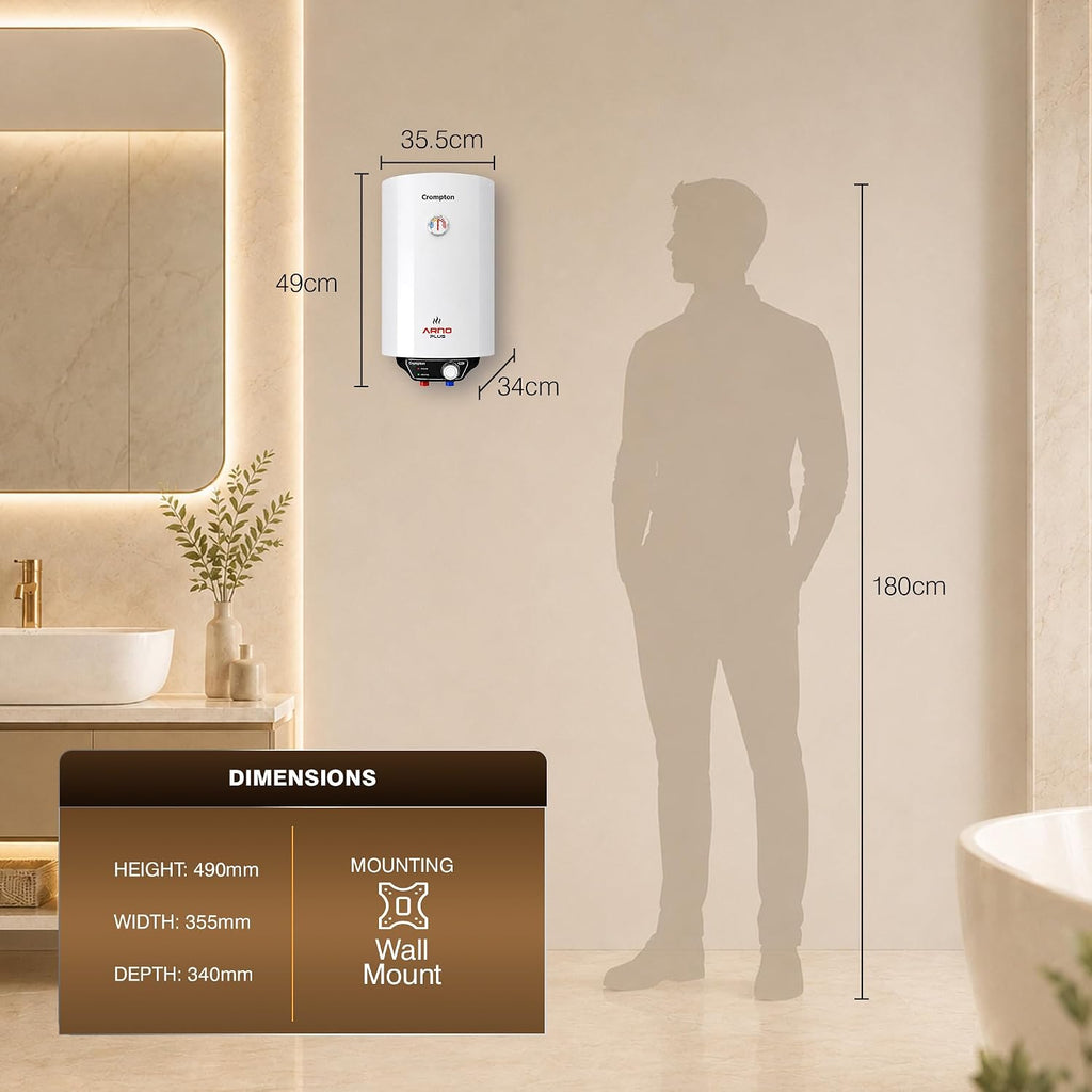 Crompton Arno Plus 15L 5‑Star Storage Water Heater | Anti‑Scale Technology for Hard Water up to 2000 ppm | 8 Bar High‑Rise Pressure | 5‑Level Safety | Free Installation & Pipes | 8 Year Tank warranty