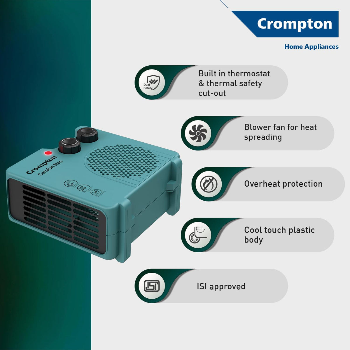 Crompton COMFORT NEO Room Heater, 2000W heat convector,Adjustable thermostast over heat protection shock proof body.