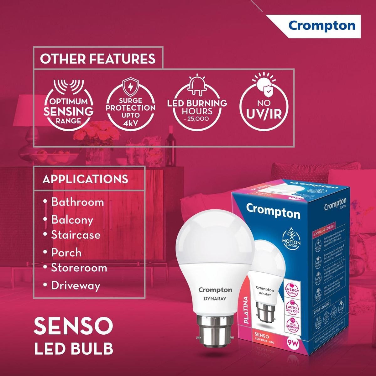 Crompton Dyna Ray 9W Motion Sensor LED Bulb B22 | Auto On/Off