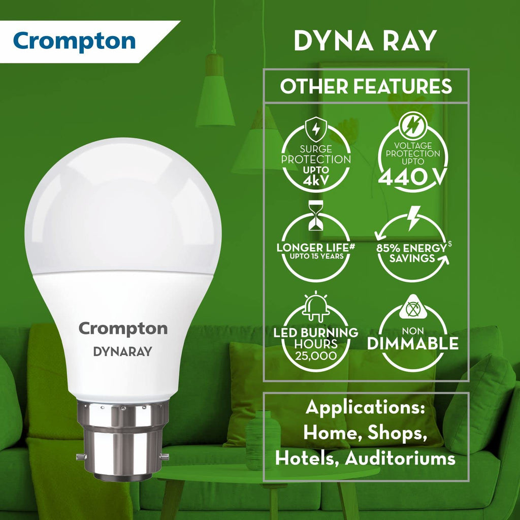 Crompton Dyna Ray LED Bulb | 9W | Cool Day Light | B22 Base | 180 Degree Coverage | 4kV Surge Protection | 440V High Voltage Protection | Pack of 8