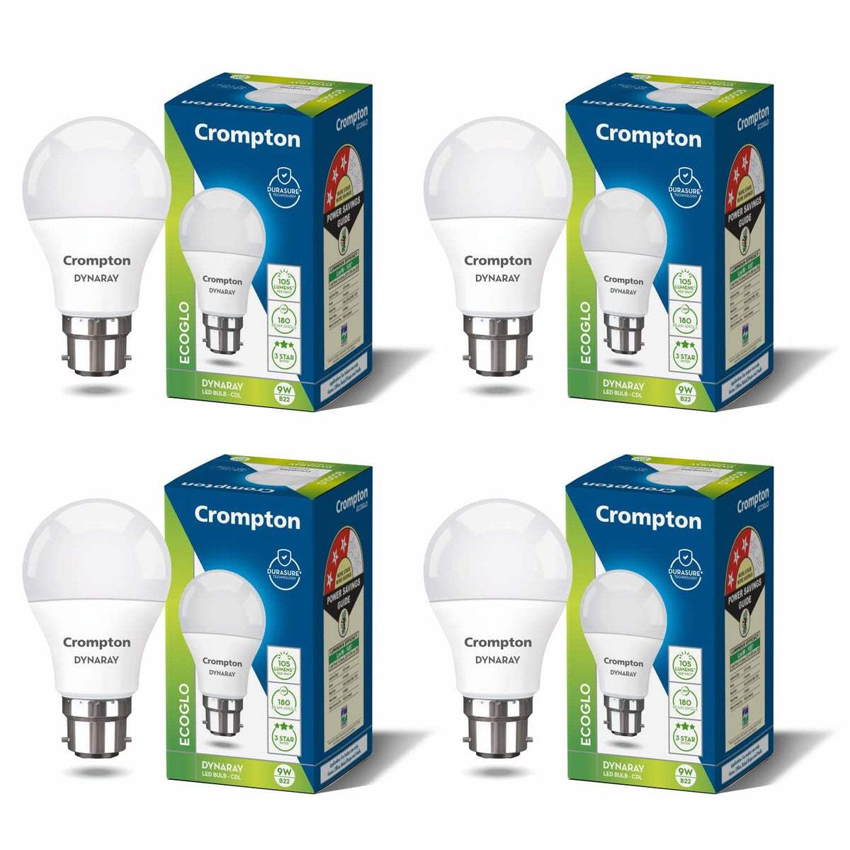 Crompton Dyna Ray LED Bulb | 9W | Cool Day Light | B22 Base | 180 Degree Coverage | 4kV Surge Protection | 440V High Voltage Protection | Pack of 4