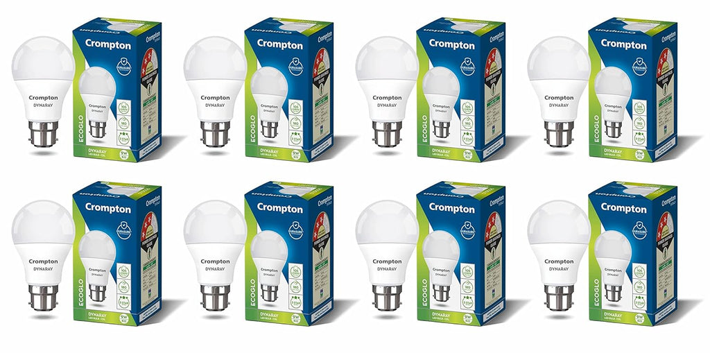 Crompton Dyna Ray LED Bulb | 9W | Cool Day Light | B22 Base | 180 Degree Coverage | 4kV Surge Protection | 440V High Voltage Protection | Pack of 8
