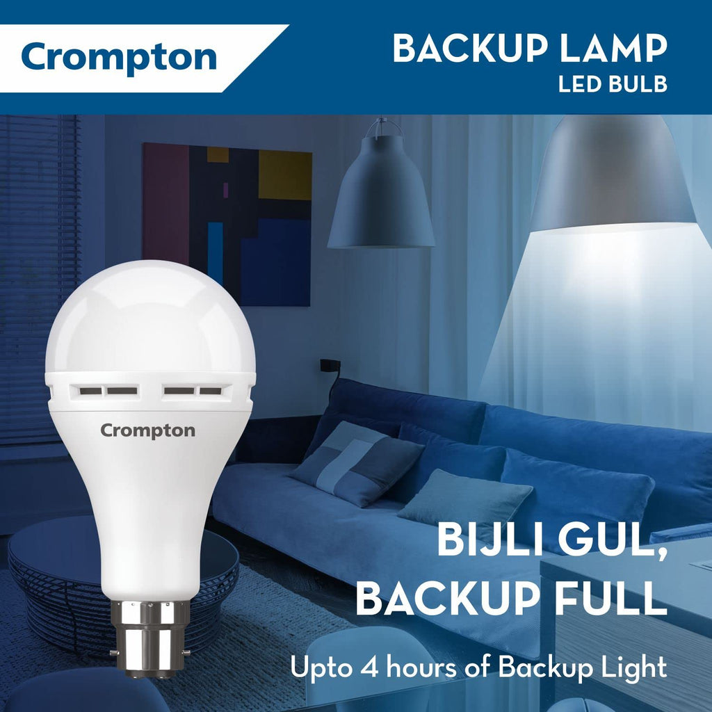 Crompton 12W Emergency LED Bulb Cool Day Light | Pack of 2 | Backup Lamp, Inverter Bulb for home | Rechargeable, 4 Hour Battery Back Up | B22 Base, Durable Design with Surge Protection