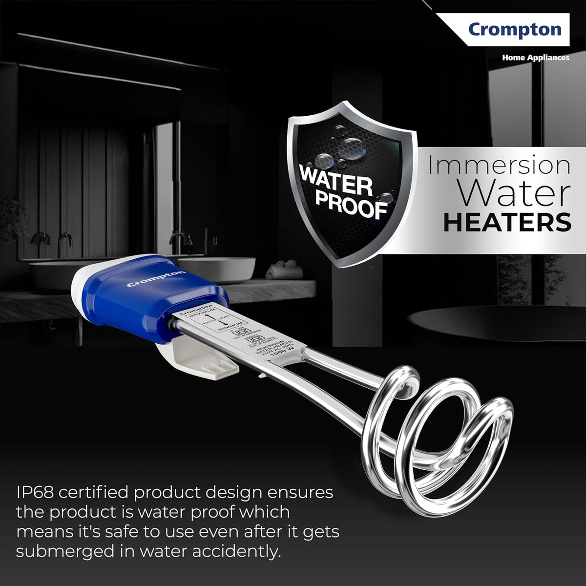 Crompton IHL 251 1500-Watt Immersion Water Heater with Copper Heating Element and IP 68 Protection