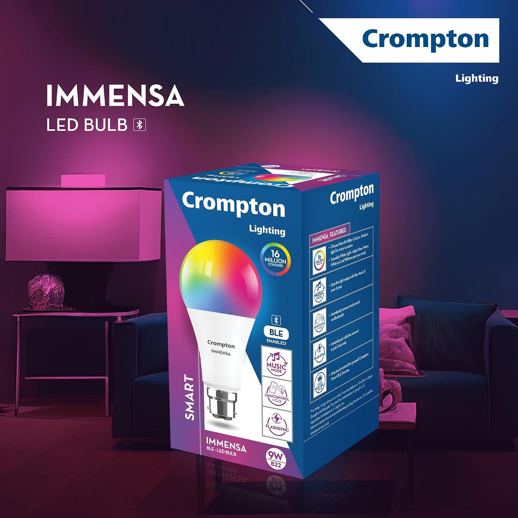 Crompton Immensa 9W Bluetooth Smart LED Bulb B22 | 16M Colours, Pack of 1