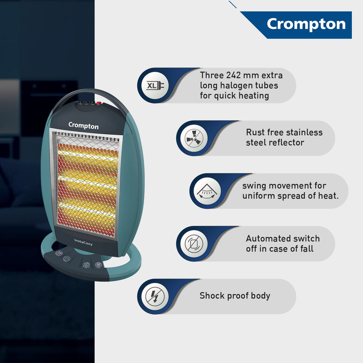 Crompton Insta Cozy 1200 Watt Halogen Room Heater with 3 Heat Settings(Grey Blue)