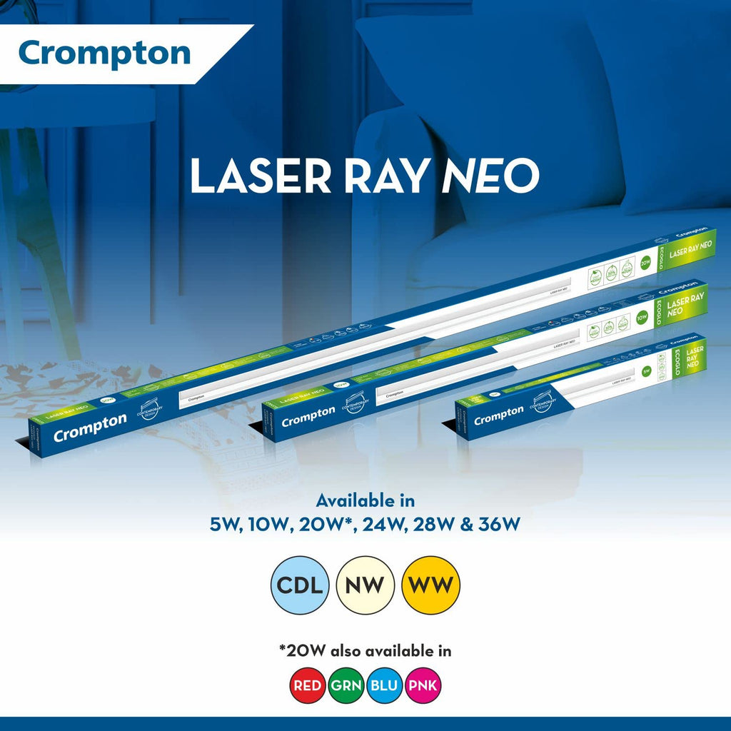 Crompton Laser Ray Neo 36W LED Batten |4 feet Slim Batten for Living Room & Bedroom | Energy Efficient Tubelight for Home | BIS Approved | Cool Day Light (6500K) (Pack of 2)
