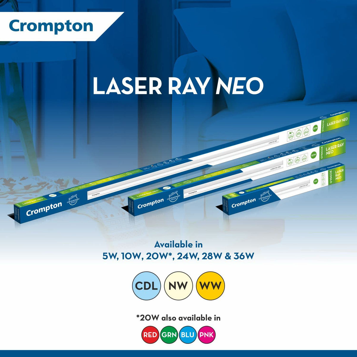 Crompton Laser Ray Neo 36W LED Batten |4 feet Slim Batten for Living Room & Bedroom | Energy Efficient Tubelight for Home | BIS Approved | Cool Day Light (6500K) (Pack of 2)