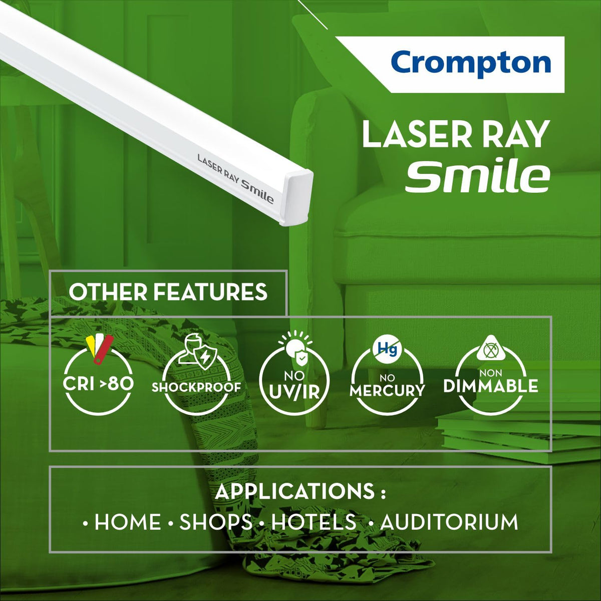 Crompton Laser Ray Smile 20W LED Batten, 4 Feet | 6500K, Pack of 10