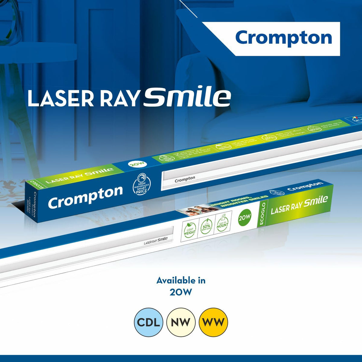 Crompton Laser Ray Smile 20W LED Batten, 4 Feet | 6500K, Pack of 2