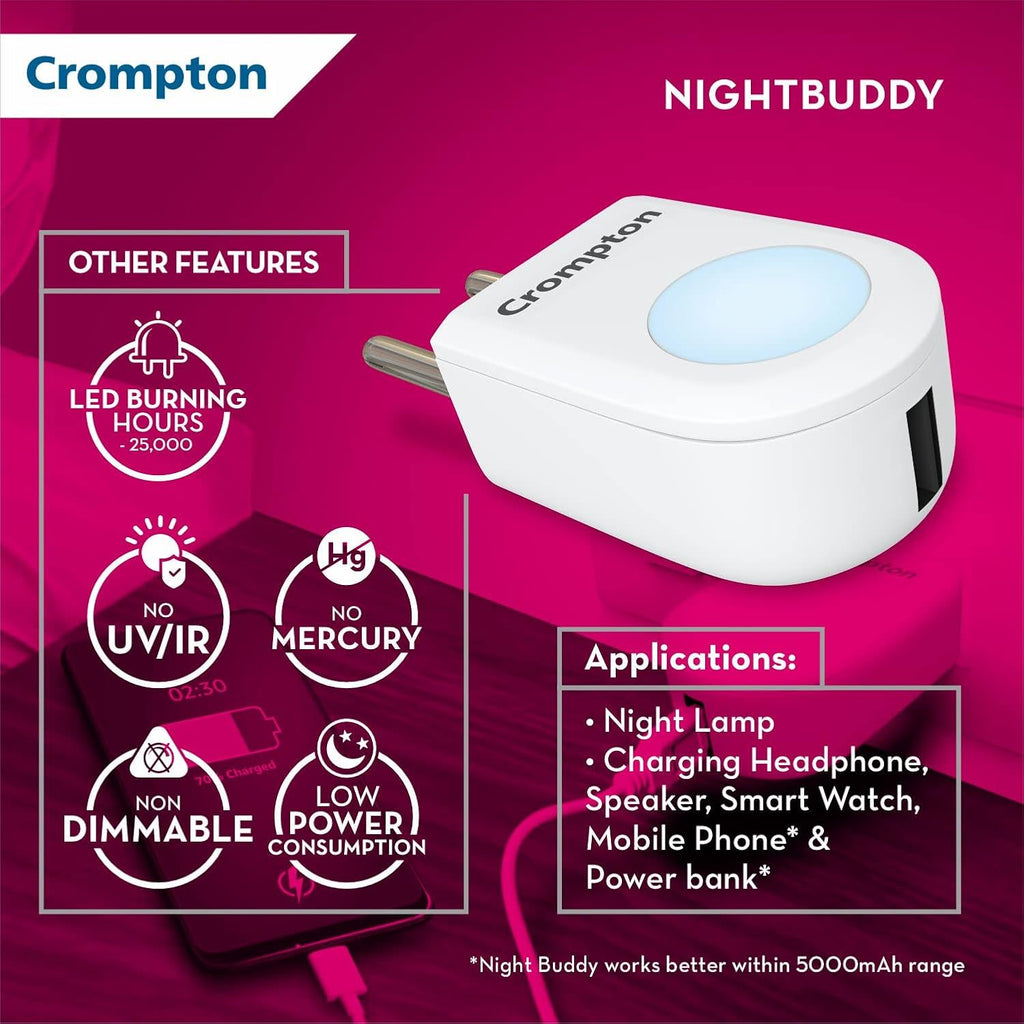 Crompton Night Buddy 0.5W with USB Charge Natural White Pack of 2
