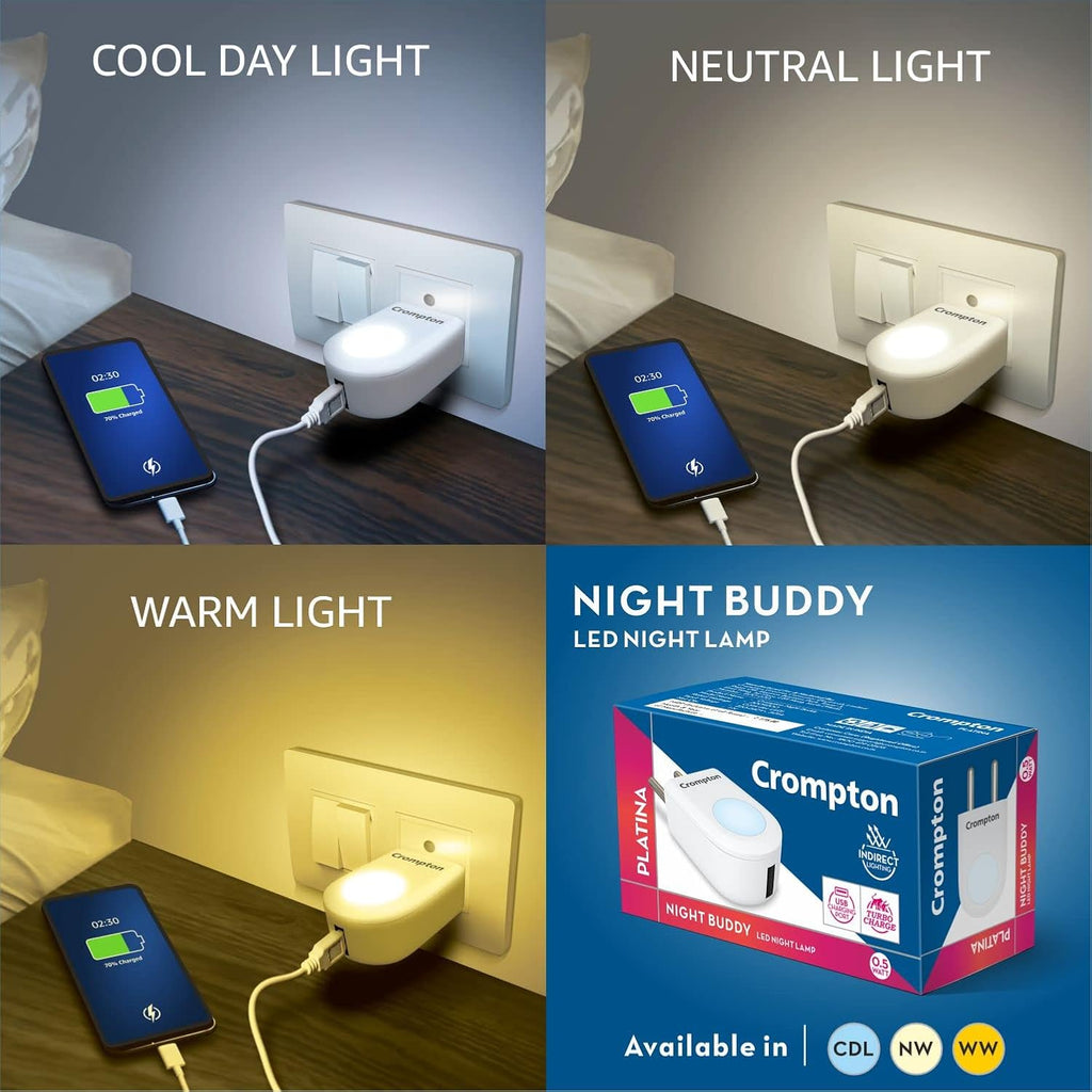 Crompton Night Buddy USB Charger + Lamp| 0.5 W|Turbo Charge|Indirect Lighting|Natural White|USB Charging Point|2 Pin Plug|Less Power Consuption|Pack of 6, led