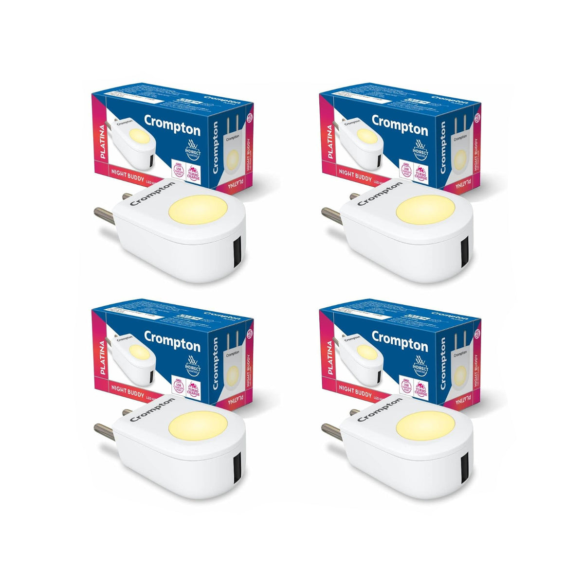 Crompton Night Buddy USB Charger + Lamp| 0.5 W|Turbo Charge|Indirect Lighting|Natural White|USB Charging Point|2 Pin Plug|Less Power Consuption|Pack of 4, led
