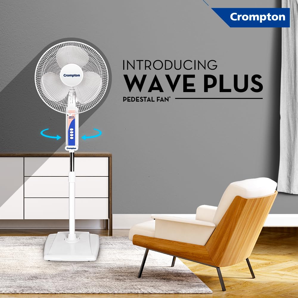 Crompton Wave Plus 400 mm Pedestal Fan | Adjustable Height | Smooth Oscillation | Superior Air Delivery | 2 Year Warranty | White