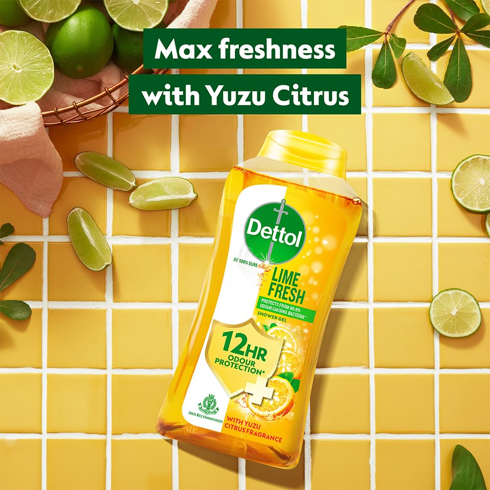 Dettol Lime Fresh Body Wash and Shower Gel for Women and Men, 250ml | Soap-Free Bodywash | 12h Odour Protection