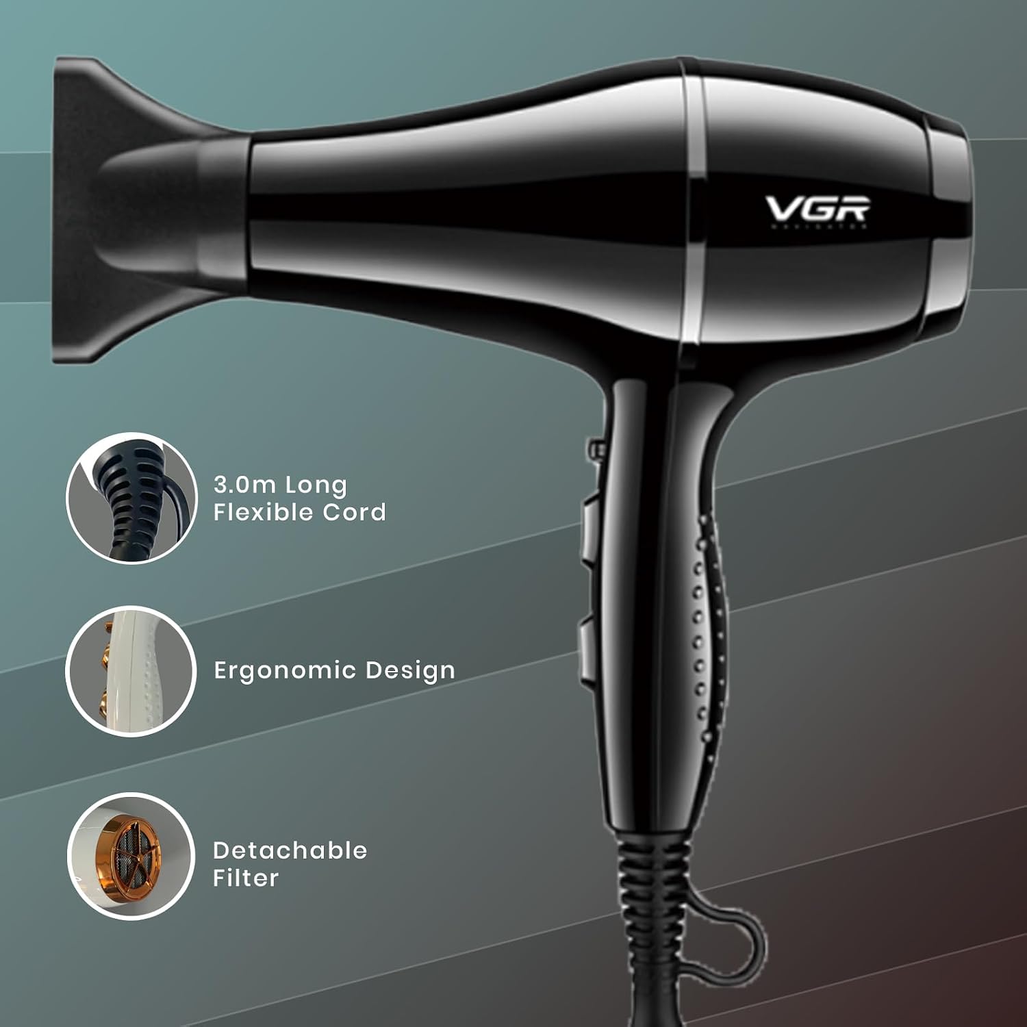 VGR V-414 Professional Hair Dryer for Men & Women, 2200W – 3 Heat & 2 Speed Settings, Cool Shot Button, Ergonomic Design, Double Safety Net, Durable AC Motor, Overheat Protection (Black)