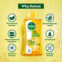 Dettol Lime Fresh Body Wash and Shower Gel for Women and Men, 250ml | Soap-Free Bodywash | 12h Odour Protection