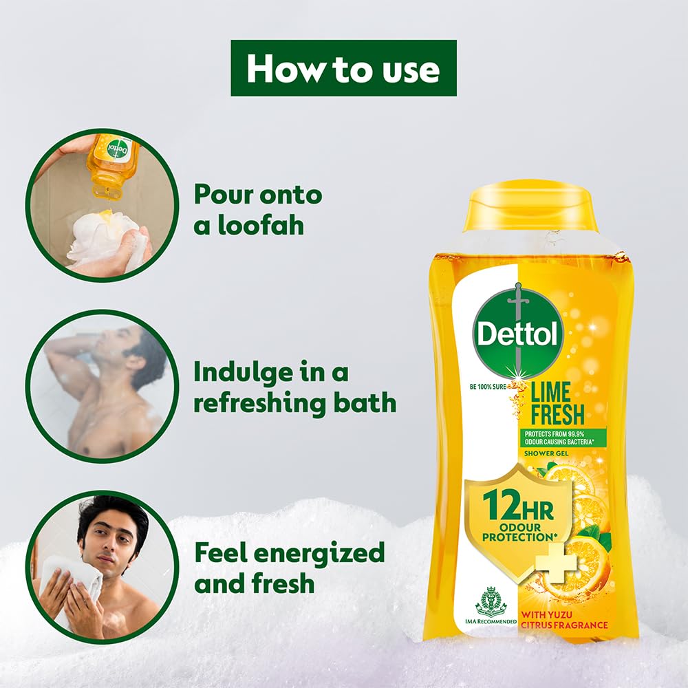 Dettol Lime Fresh Body Wash and Shower Gel for Women and Men, 250ml | Soap-Free Bodywash | 12h Odour Protection
