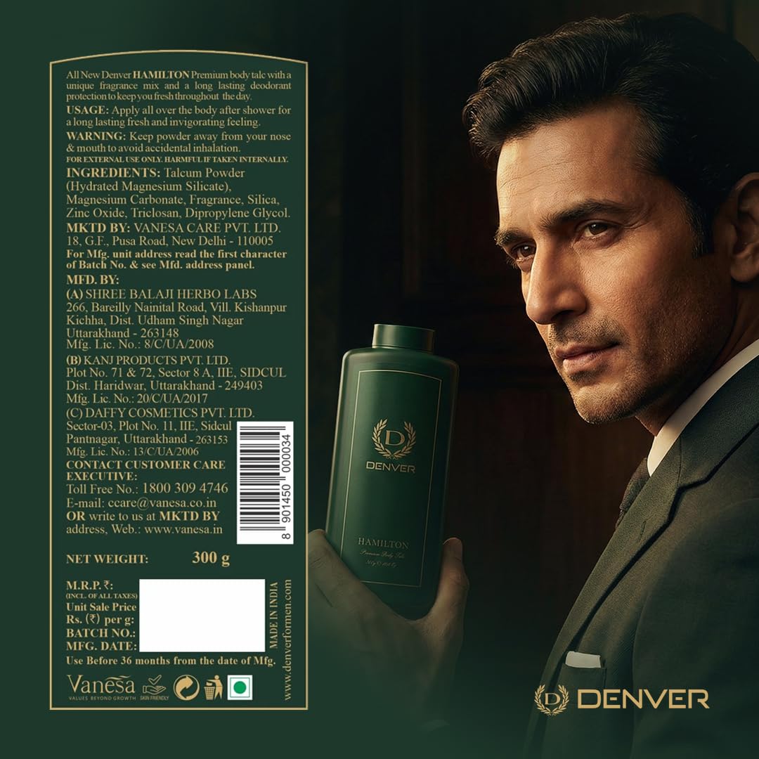 DENVER Hamilton Premium Body Talc - 300GM Each (Pack of 2)