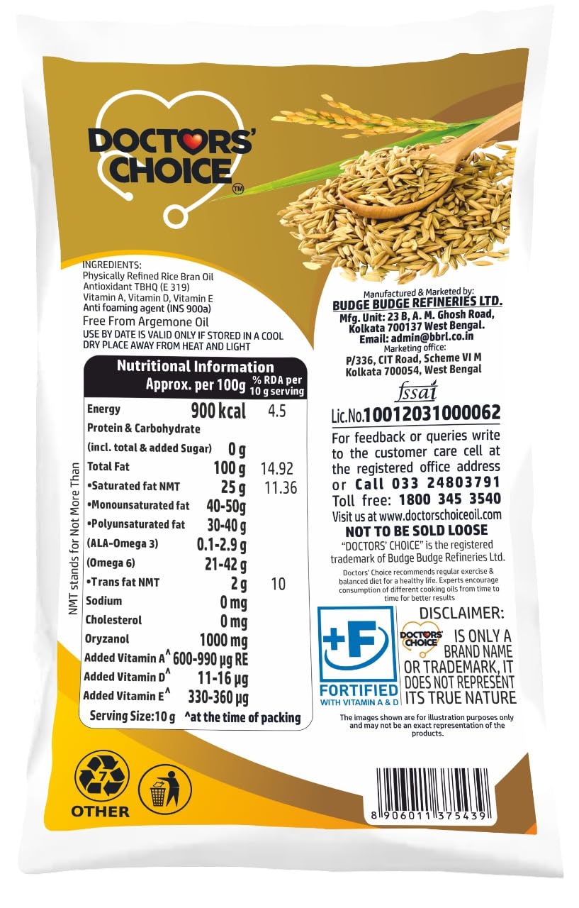 DOCTORS' CHOICE Refined Rice Bran Oil Pouch 910 g