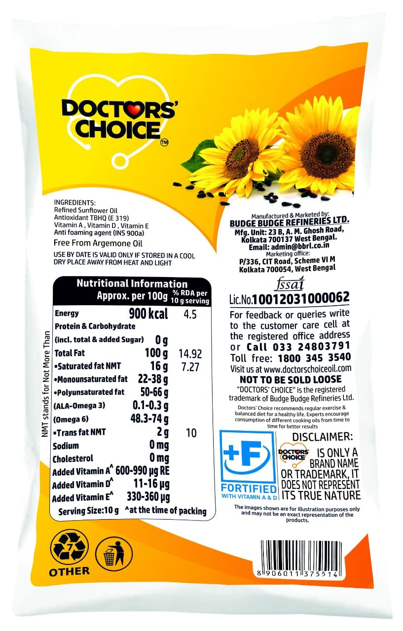 DOCTORS' CHOICE Refined Sunflower Oil Pouch 910 g