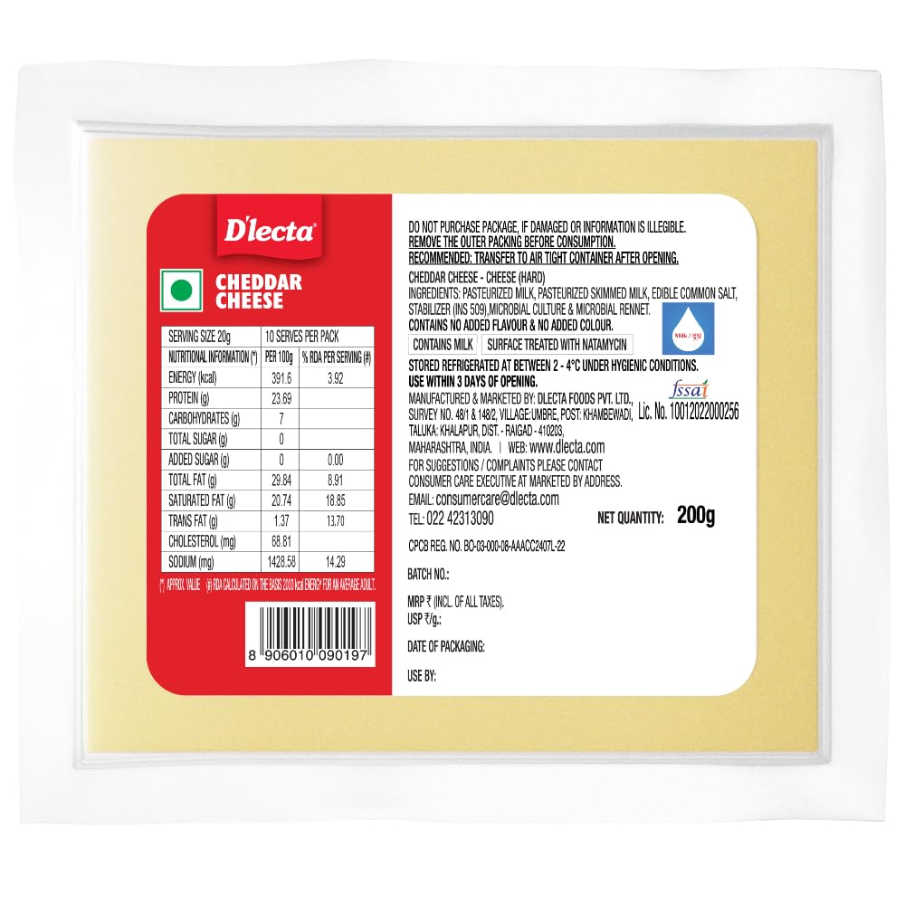 D'lecta Natural Cheddar Cheese - 200 g