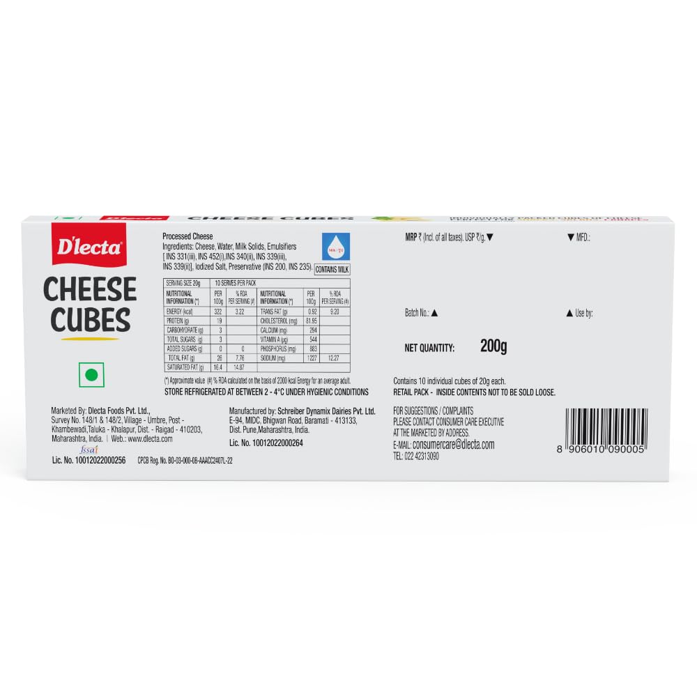 D'lecta Processed Cheese Cubes 200g – Easy Open Pack, 10 Cubes