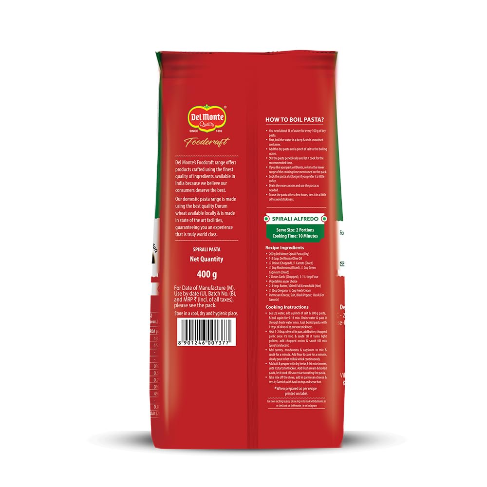 Del Monte Foodcraft Spirali Pasta, Durum Wheat Semolina, 400g