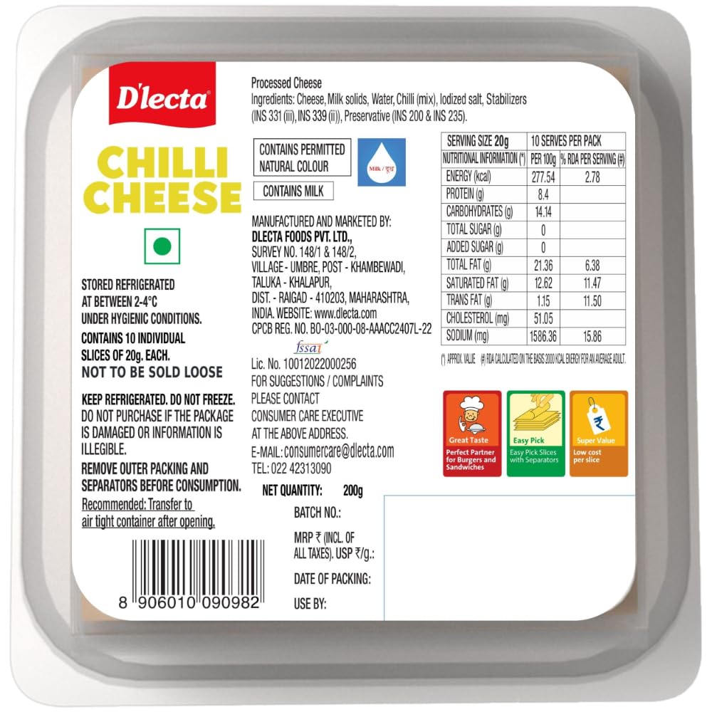 Dlecta Chilli Cheese Slices - 10 Slices 200 gm