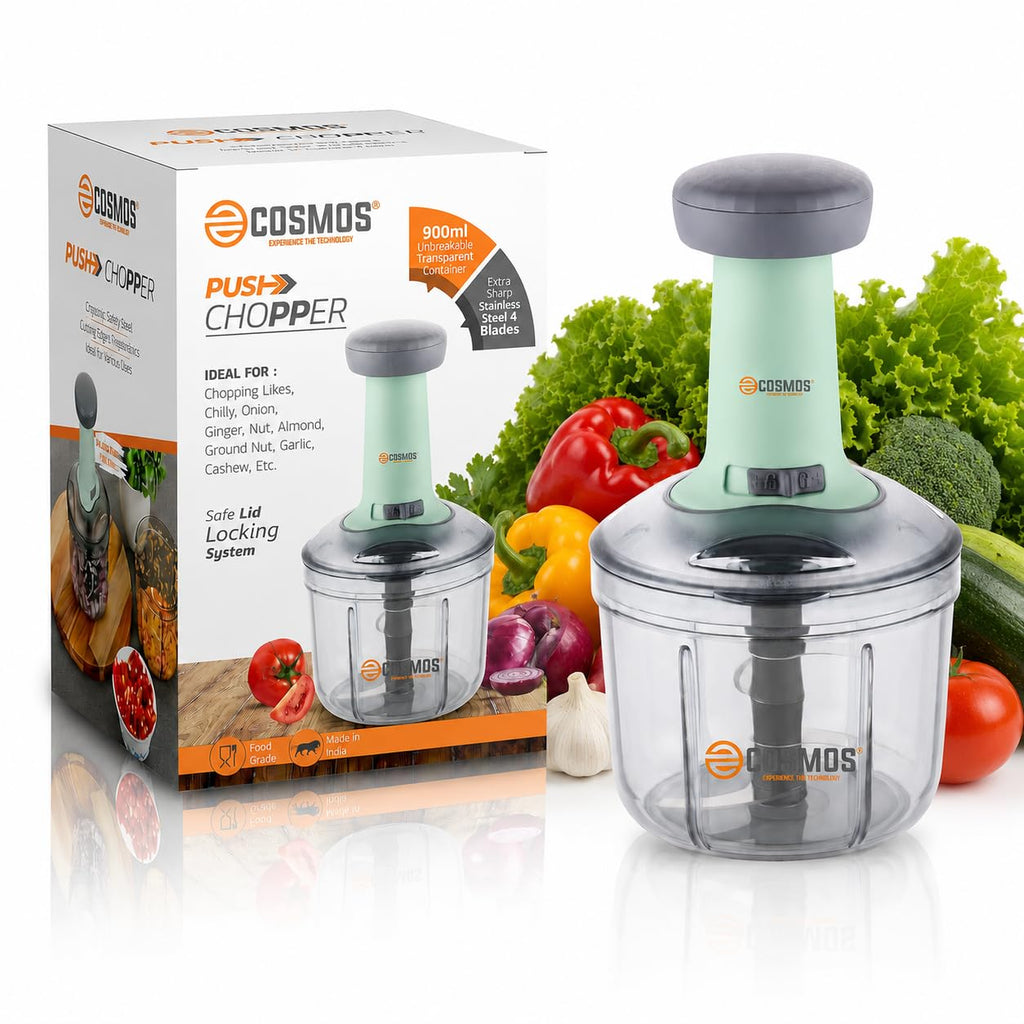 E-COSMOS® Food Chopper 900ml, 4 Blade Steel Large Manual Hand-Press Vegetable Chopper