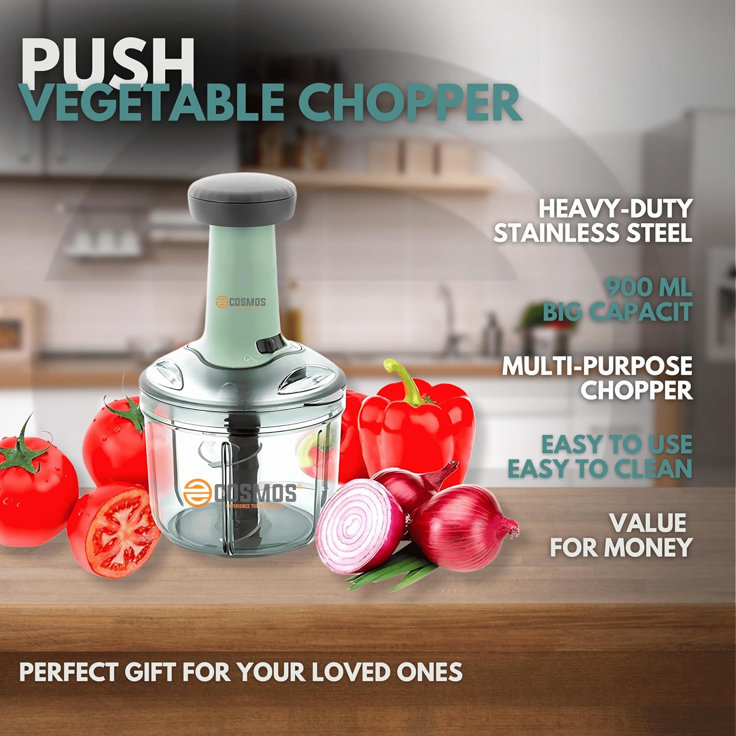 E-COSMOS® Food Chopper 900ml, 4 Blade Steel Large Manual Hand-Press Vegetable Chopper