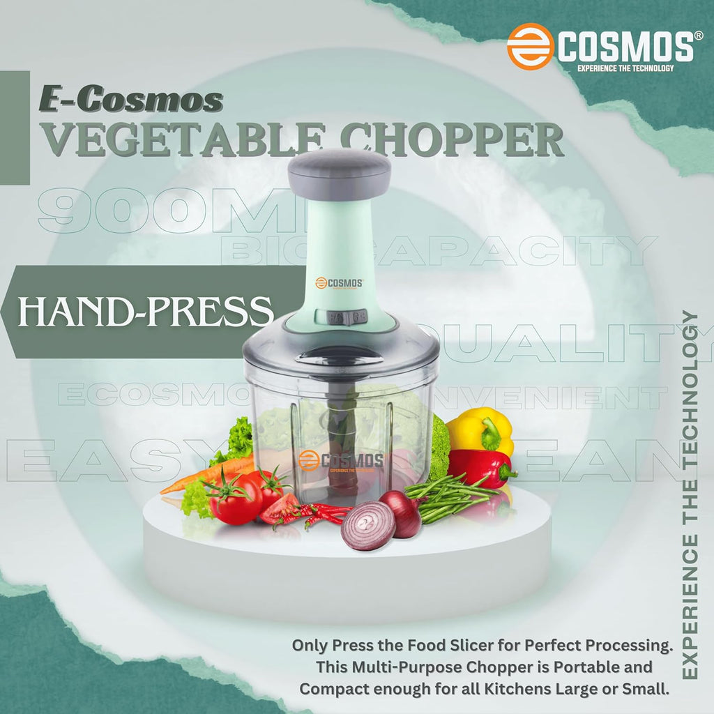 E-COSMOS® Food Chopper 900ml, 4 Blade Steel Large Manual Hand-Press Vegetable Chopper