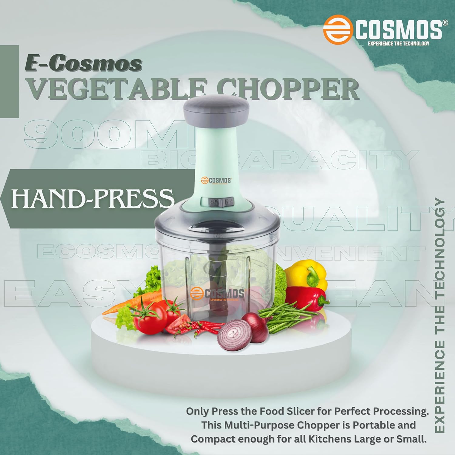 E-COSMOS® Food Chopper 900ml, 4 Blade Steel Large Manual Hand-Press Vegetable Chopper