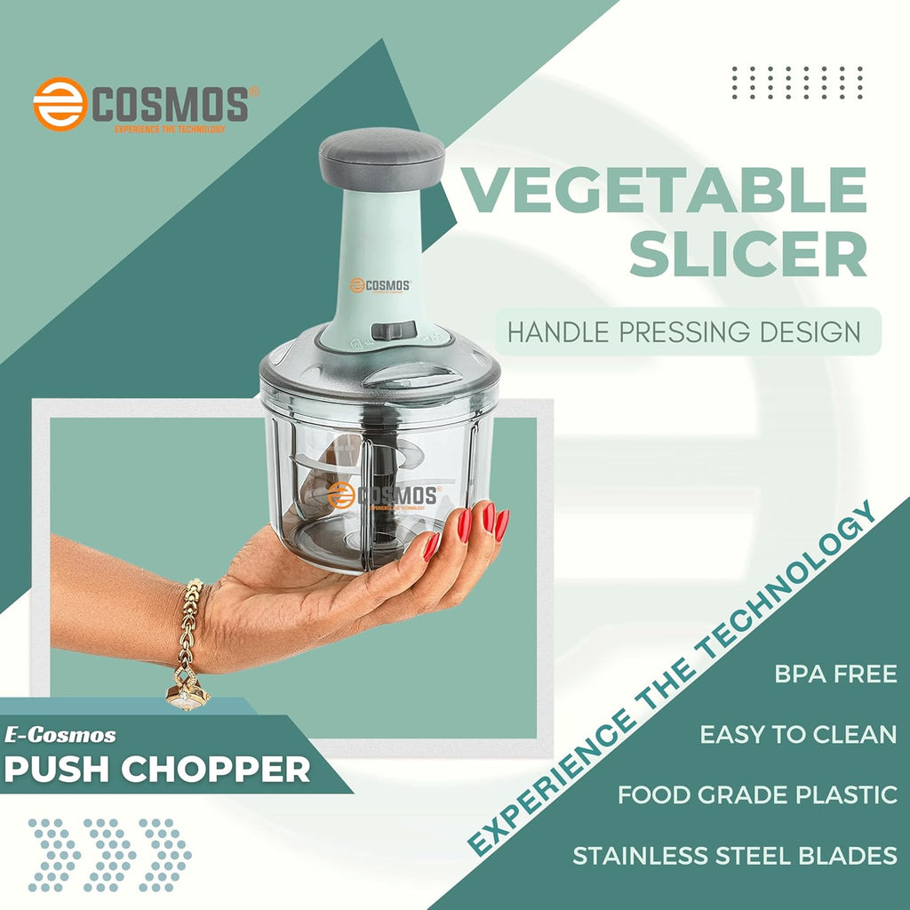 E-COSMOS® Food Chopper 900ml, 4 Blade Steel Large Manual Hand-Press Vegetable Chopper