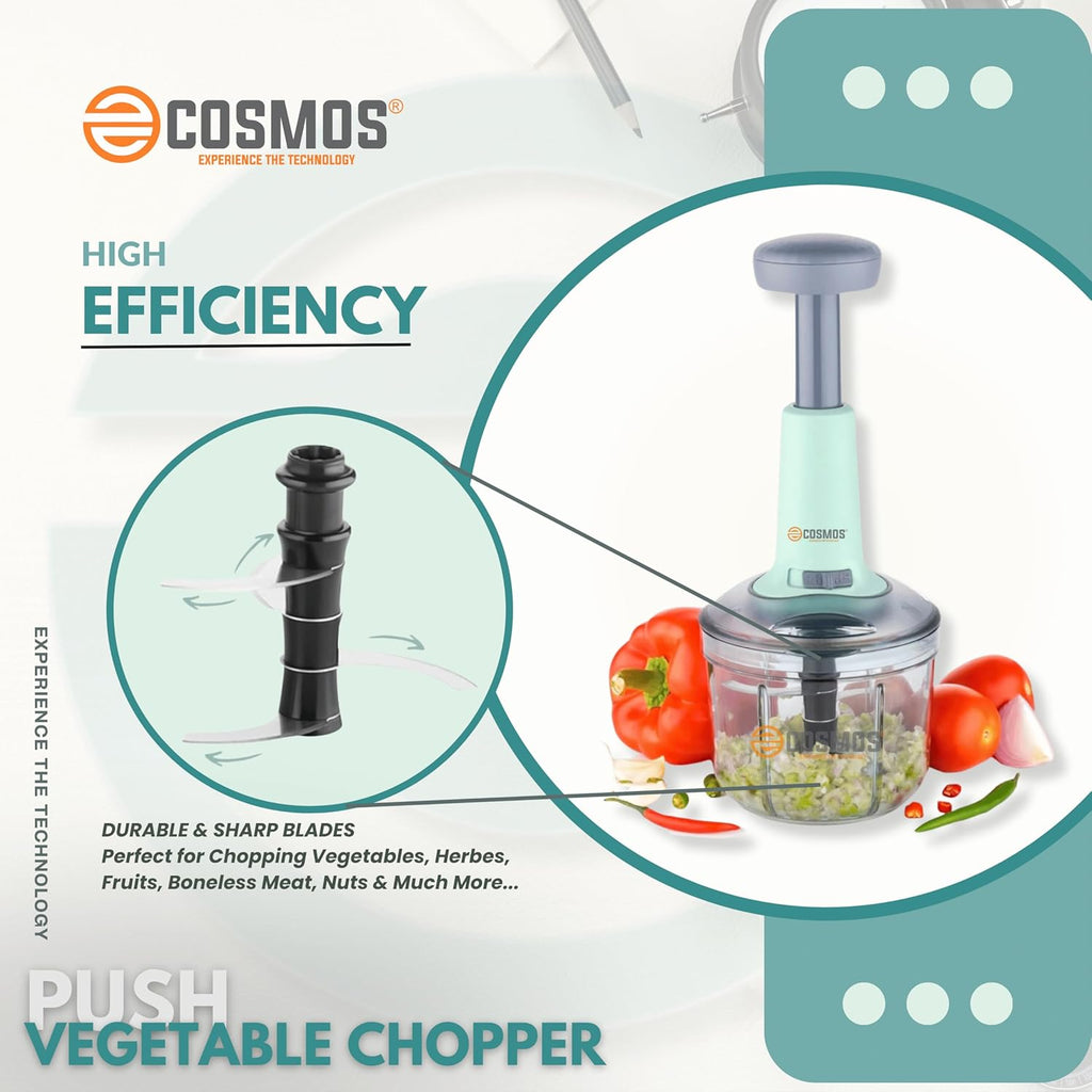 E-COSMOS® Food Chopper 900ml, 4 Blade Steel Large Manual Hand-Press Vegetable Chopper