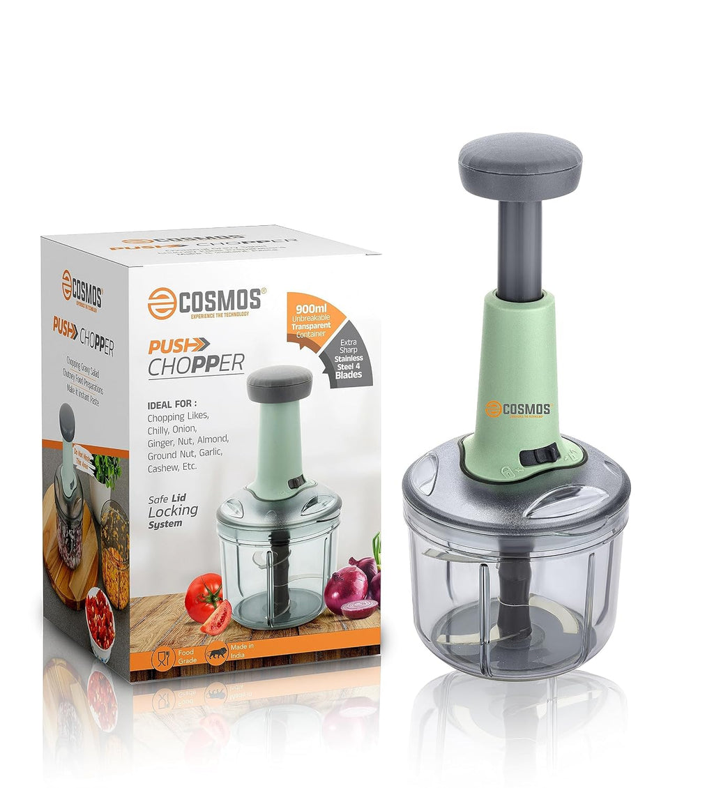 E-COSMOS® Food Chopper 900ml, 4 Blade Steel Large Manual Hand-Press Vegetable Chopper