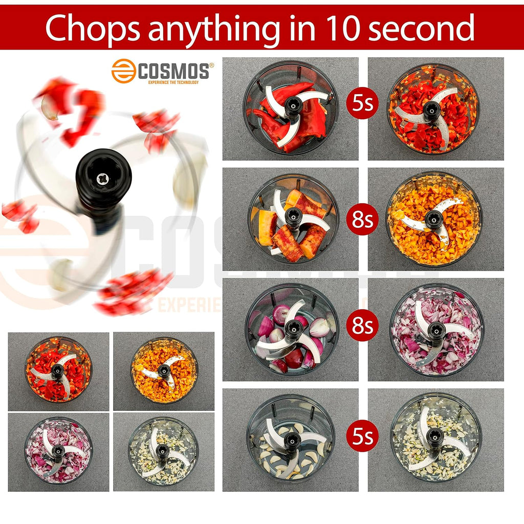 E-COSMOS® Food Chopper 900ml, 4 Blade Steel Large Manual Hand-Press Vegetable Chopper