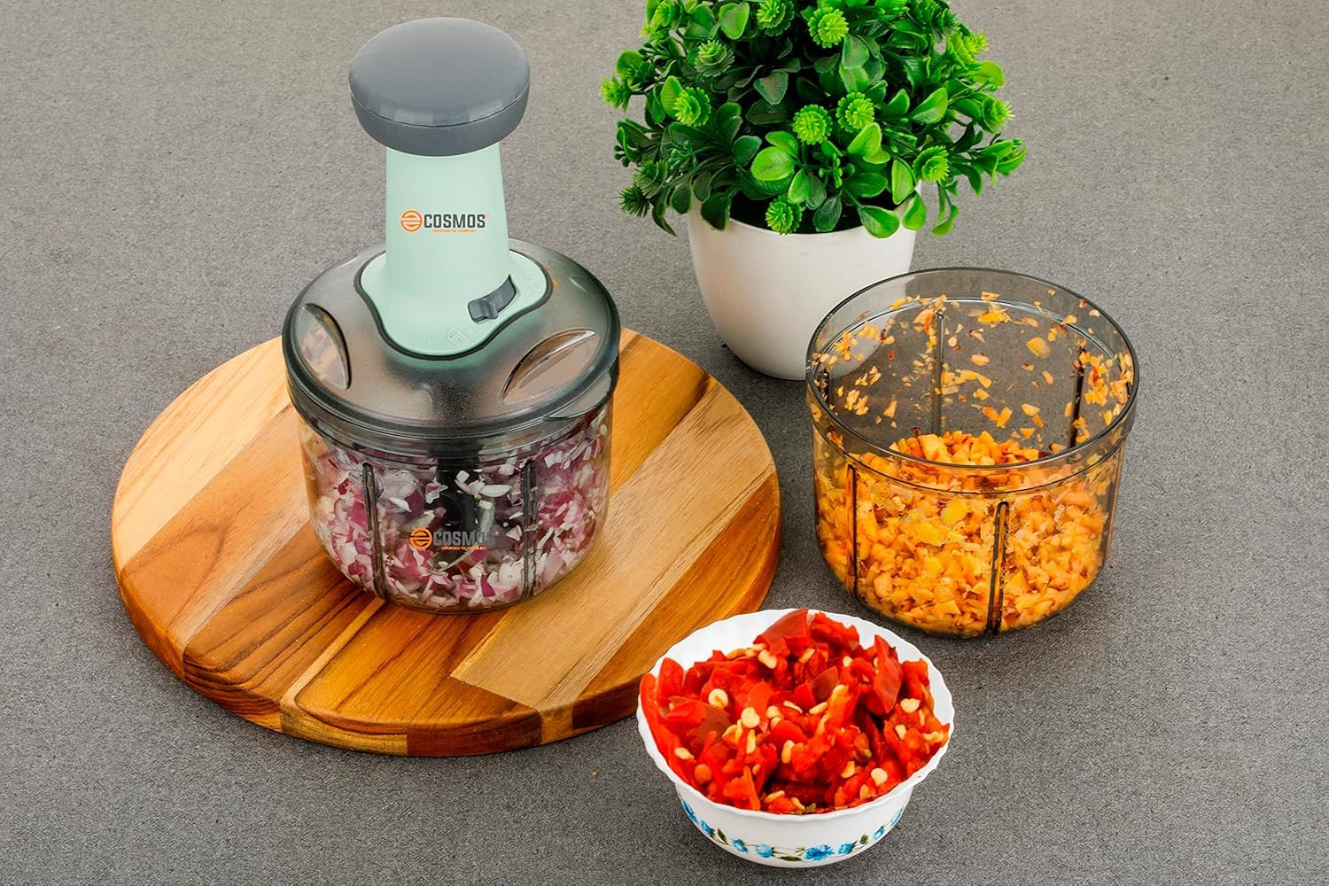 E-COSMOS® Food Chopper 900ml, 4 Blade Steel Large Manual Hand-Press Vegetable Chopper