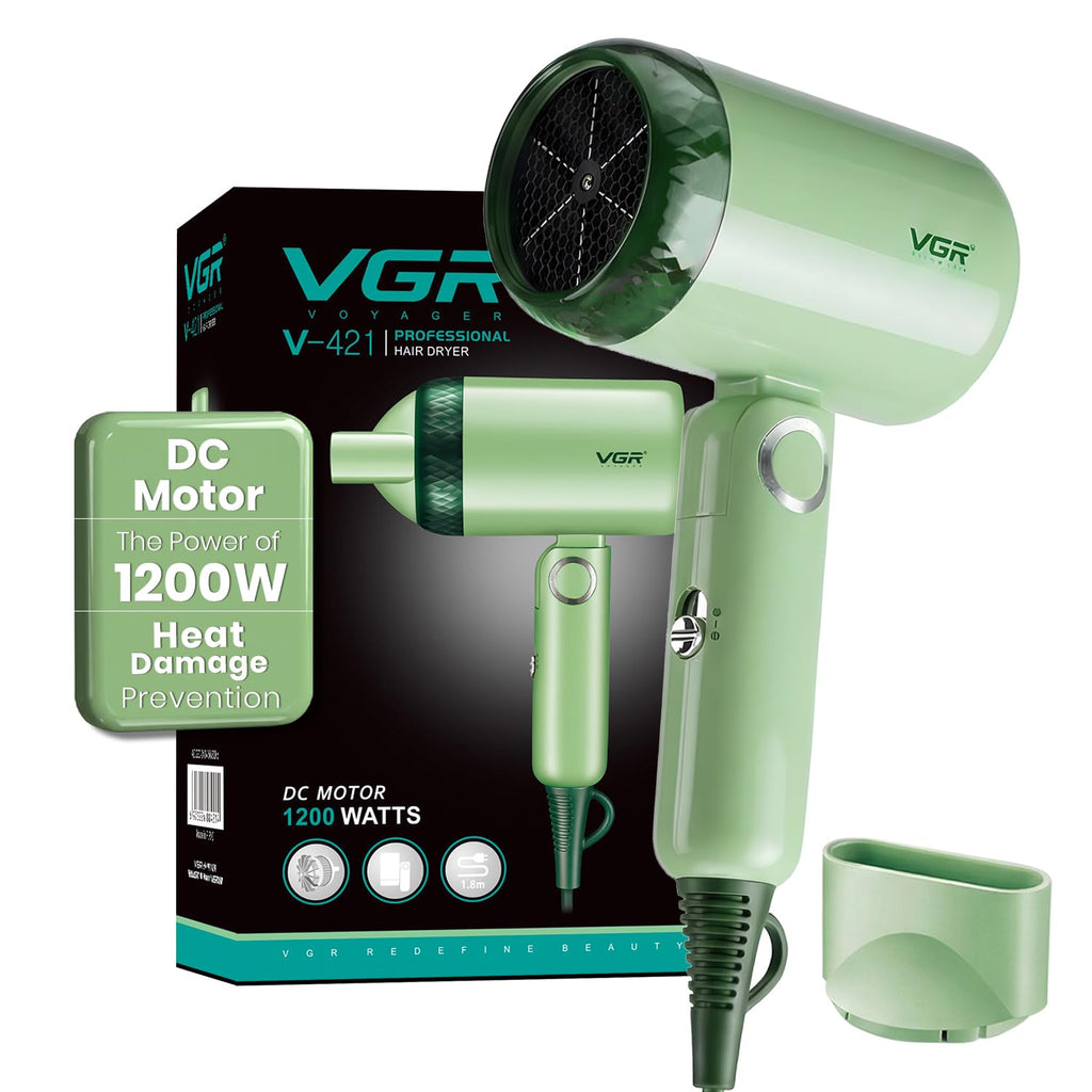 VGR V-421 Foldable Hair Dryer - 1200 Watts, 2 Speed Settings, Dc Motor For Long-Lasting Performance, Overheating Protection, Ergonomic Design For Comfortable Use (Green)