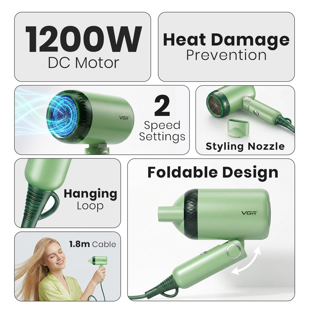 VGR V-421 Foldable Hair Dryer - 1200 Watts, 2 Speed Settings, Dc Motor For Long-Lasting Performance, Overheating Protection, Ergonomic Design For Comfortable Use (Green)